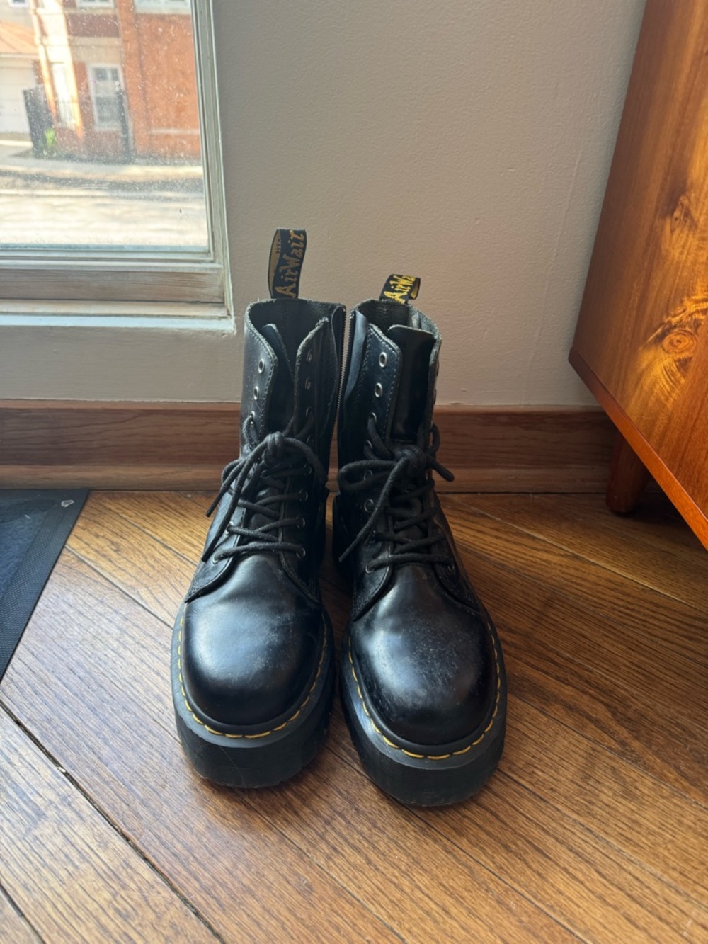 Dr. Martens Black Leather Platform Lace-Up Boots with Yellow Stitching